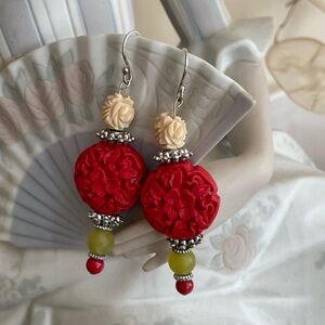Artisan Elegant Red Cinnabar Bohemian style Green Floral Drop silver earrings